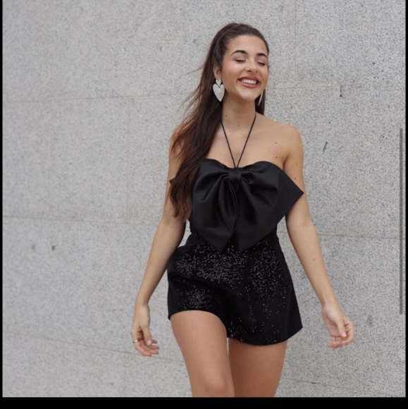 Gorgeous Zara Black Bow Trim Sequin Jumpsuit - Picture 11 of 14